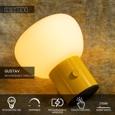 Lucide GUSTAV - Rechargeable Table lamp - Battery pack - Ø 8 cm - LED Dim. - 1x0,8W 2700K - Yellow | Essential